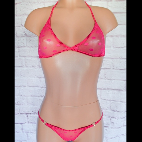 Other - Pink, Polka Dot, Mesh, Lingerie Set